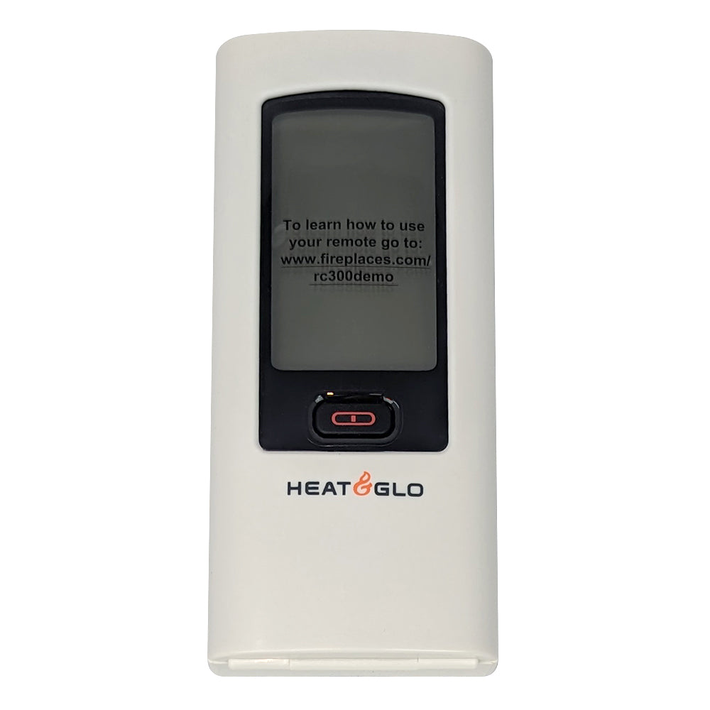 Replacement remote transmitter, front view with LCD, HEATGLO logo, and red power button