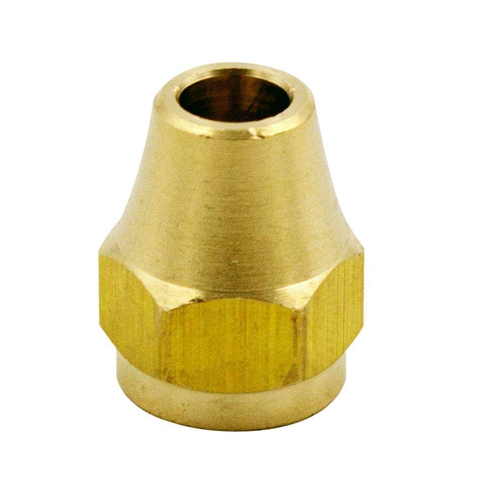 Brass flare nut with hex body and flared opening for 3/8 in tube