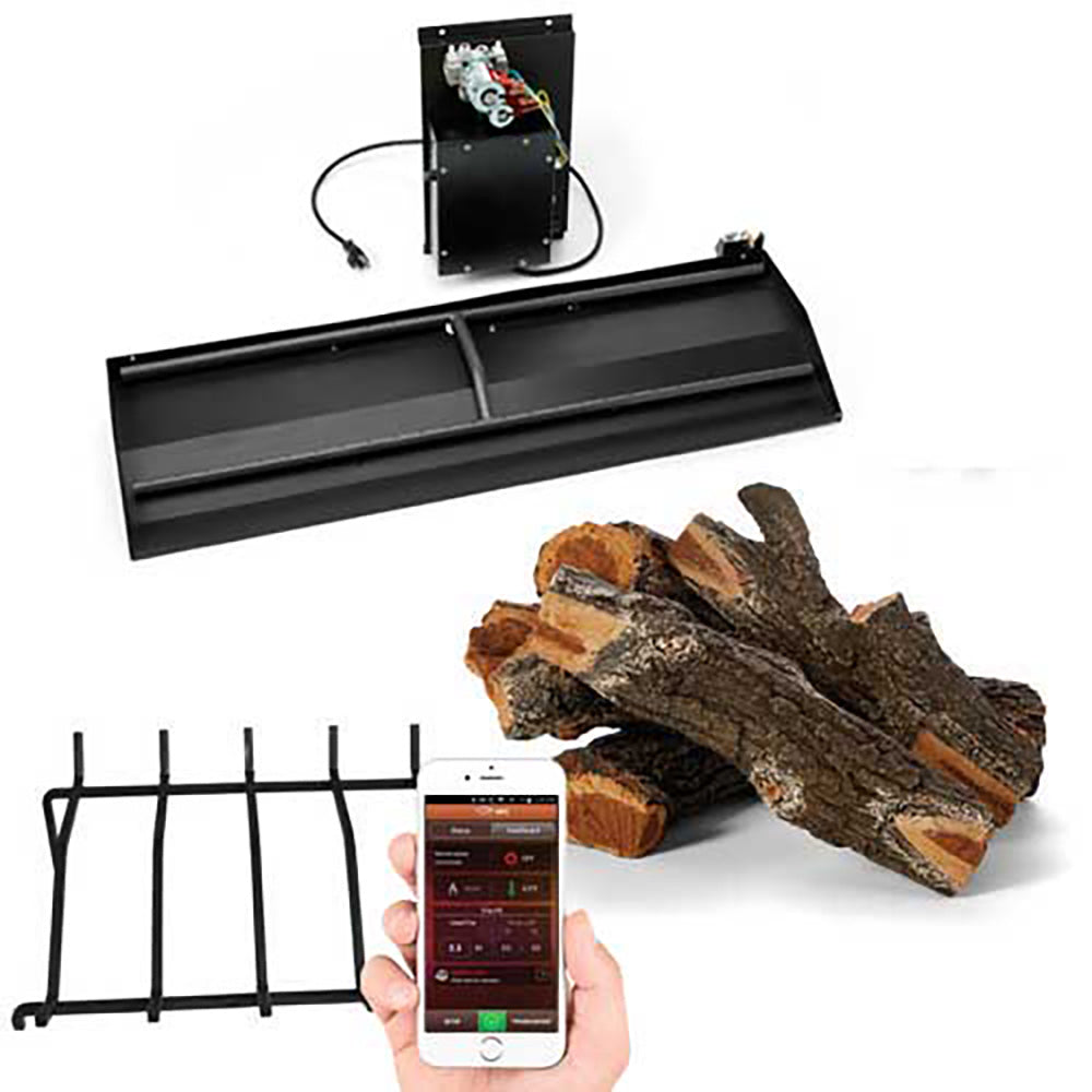 Gas fireplace insert burner box with log set, metal grate, and smartphone controller
