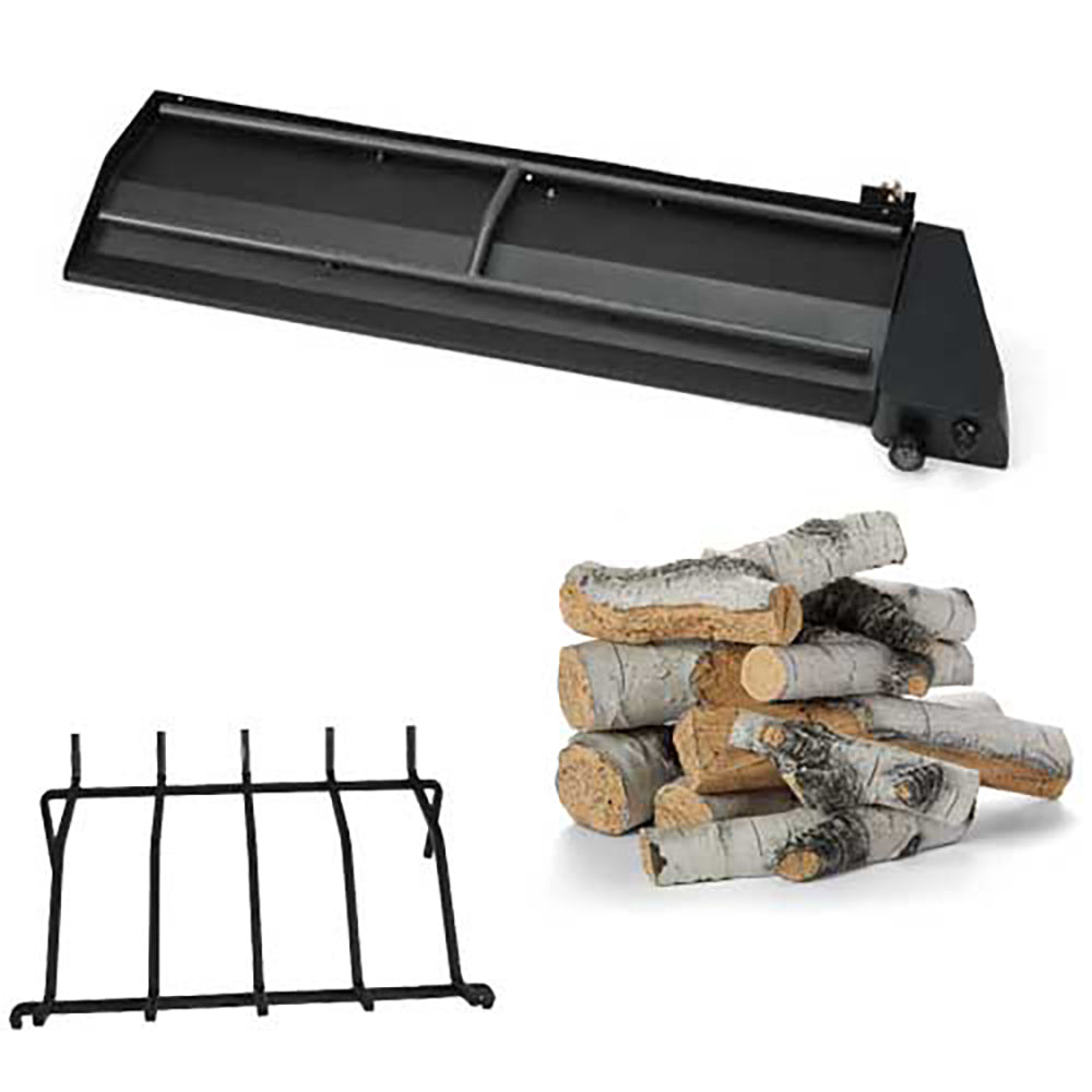 Gas fireplace insert with black burner tray, grate, and light logs