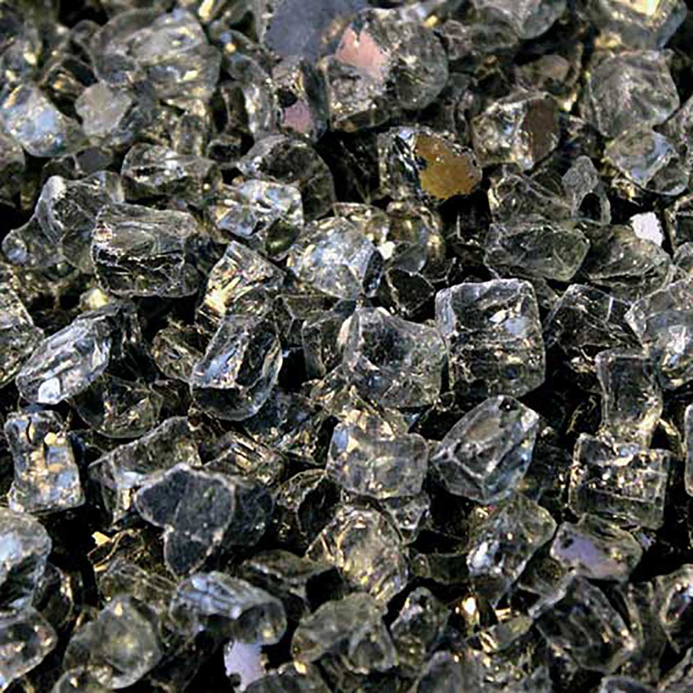 Reflective decorative fire glass chunks in gray, shiny irregular glass pieces