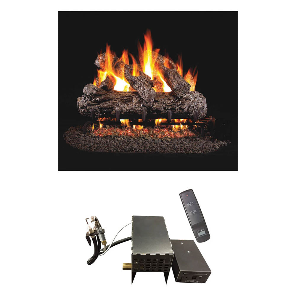 Real Fyre vented gas log set with rustic oak logs, burner box, and remote control