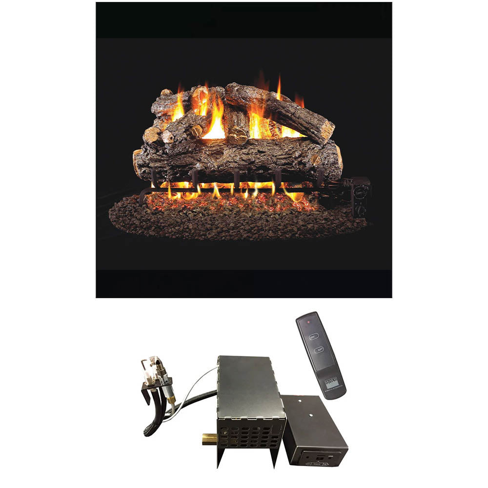 Rustic oak vented gas log set with glowing logs, ember bed, and remote control
