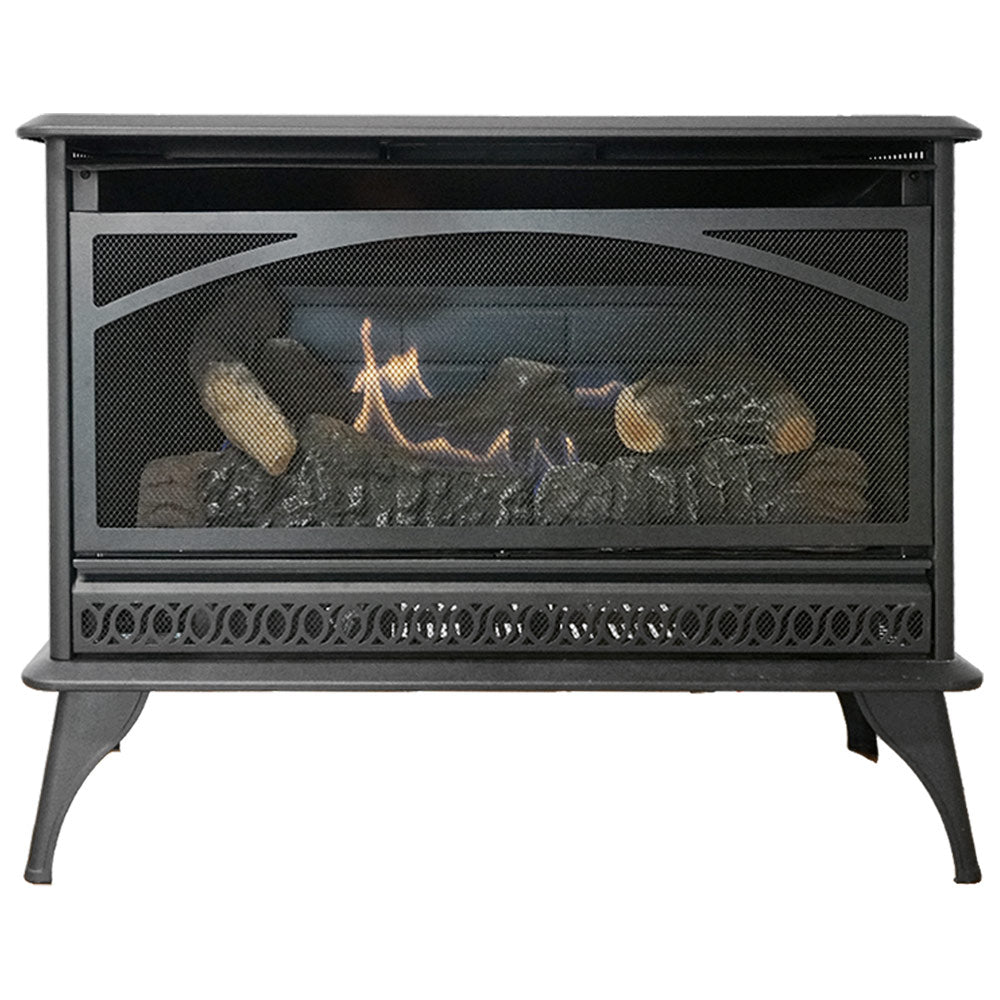 Ventless gas stove with glass front, dark logs, and small orange flame