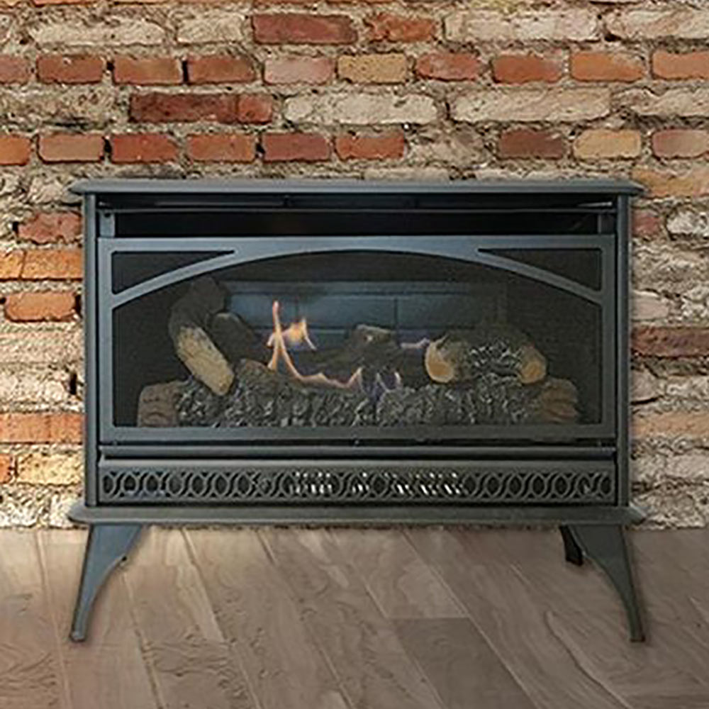 Ventless gas stove with glass front and burning logs, matte dark frame