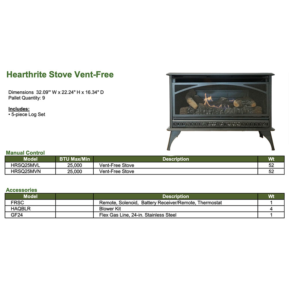 Ventless gas stove with log set, front glass panel and orange flame