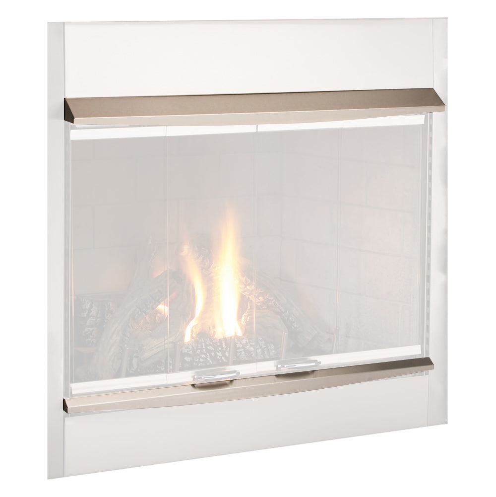 Stainless steel fireplace hood with 4-inch brow and clear glass front