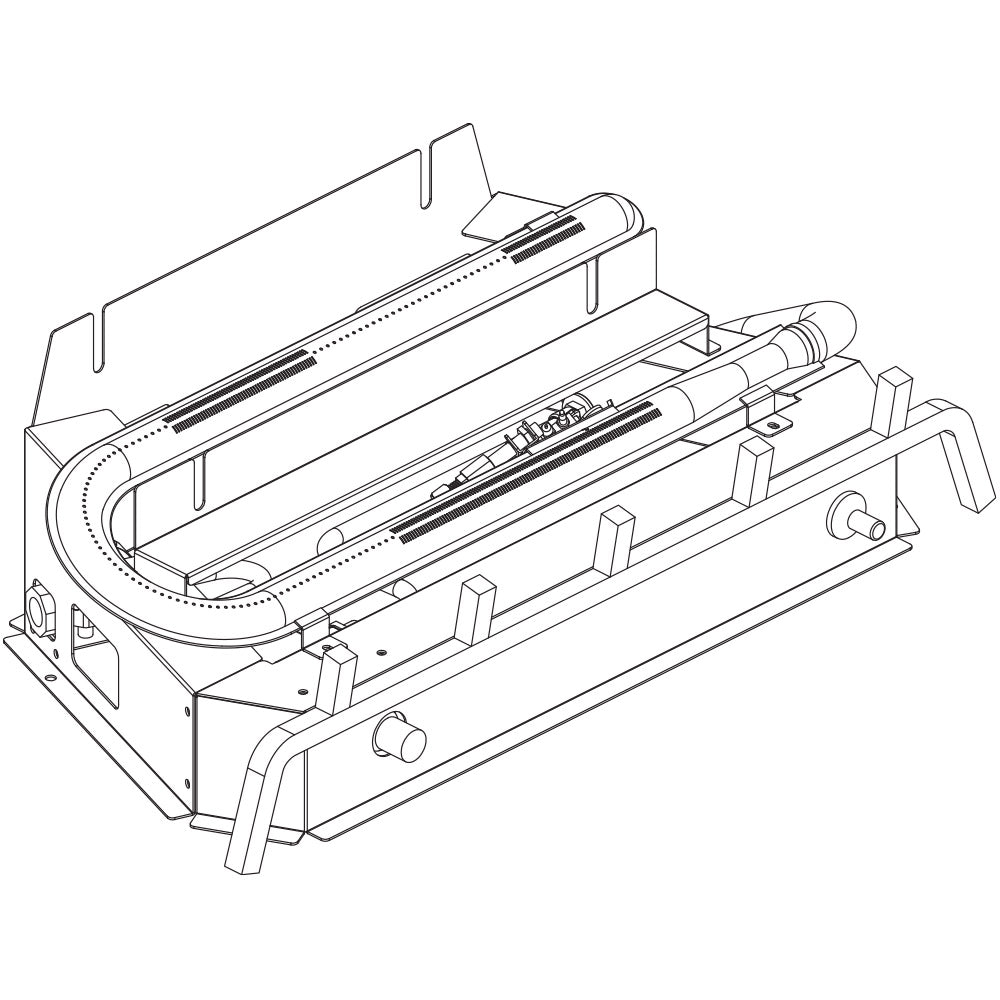 Ventless gas burner assembly with long burner tube and control components