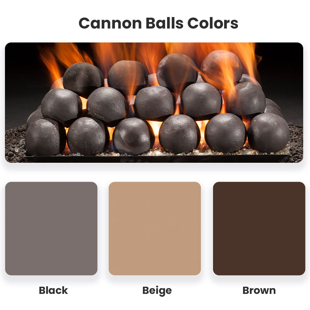 Cannon ball fire pit accents with black, beige, and brown color swatches