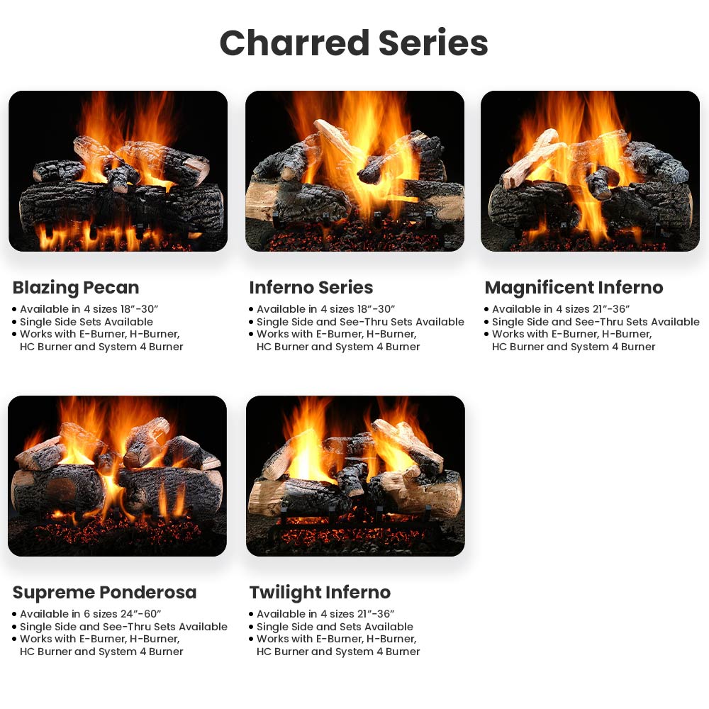 Charred gas log set series images with bright flames and glowing ember bed