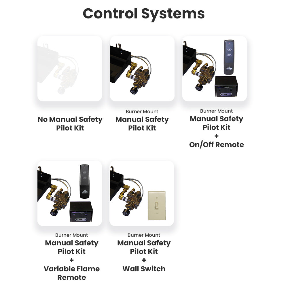Gas log control system options showing safety pilot kits and remote switch