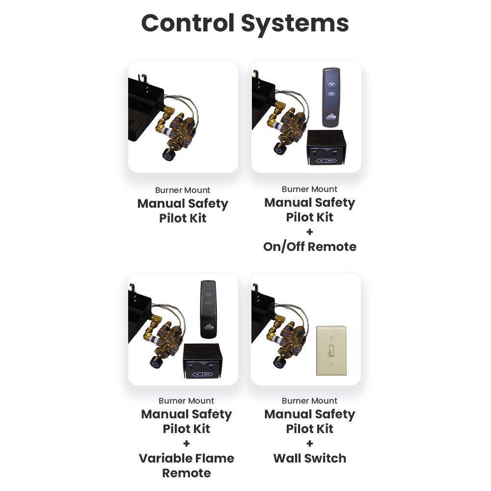 Control systems for vented gas burner with manual safety pilot kit, remote, and wall switch