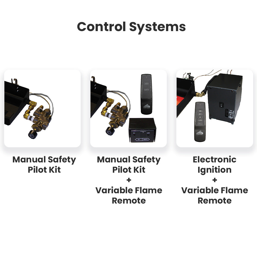 Gas log set control systems: manual pilot, variable flame remote, and electronic ignition