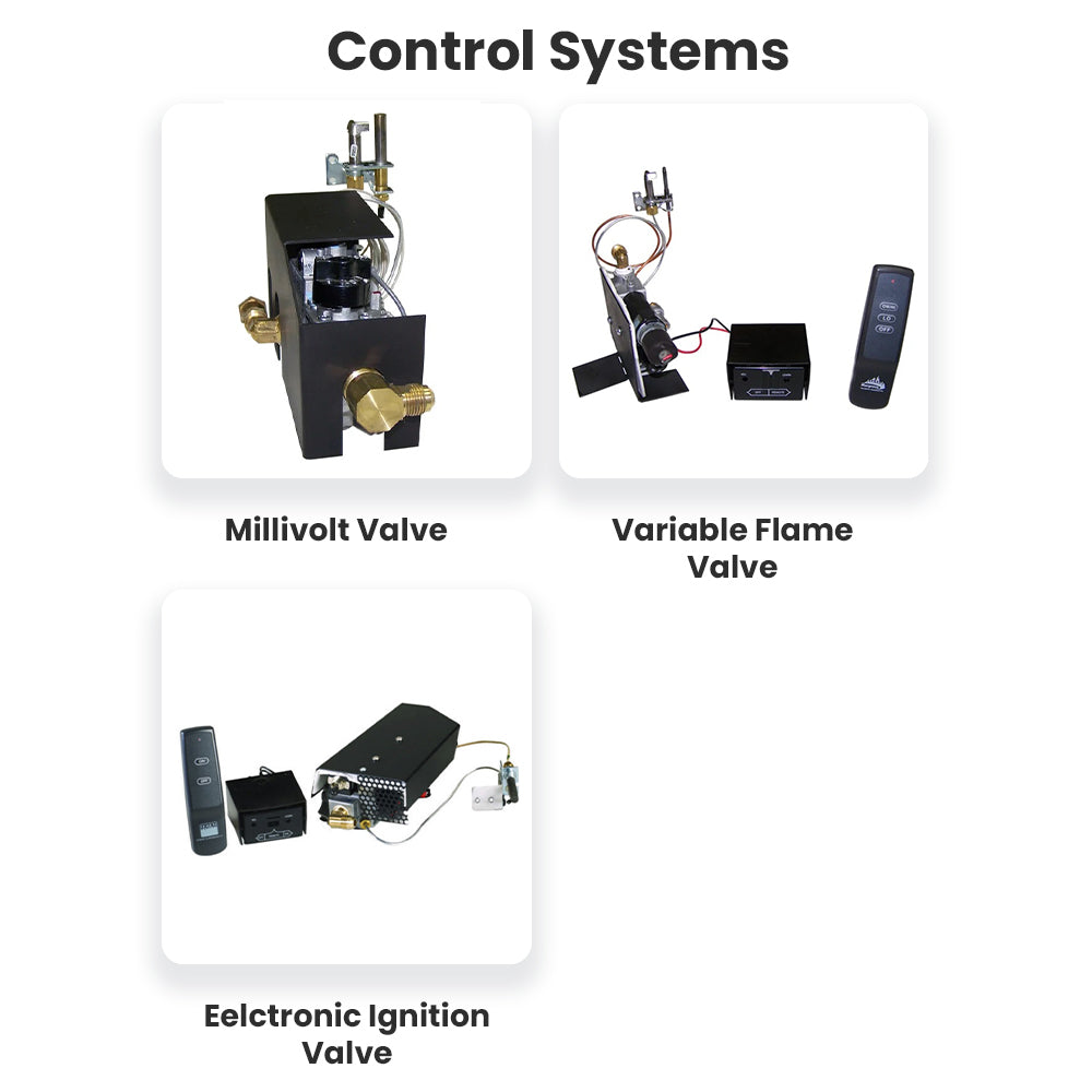 Gas log control system showing millivolt, variable flame, and electronic ignition valves