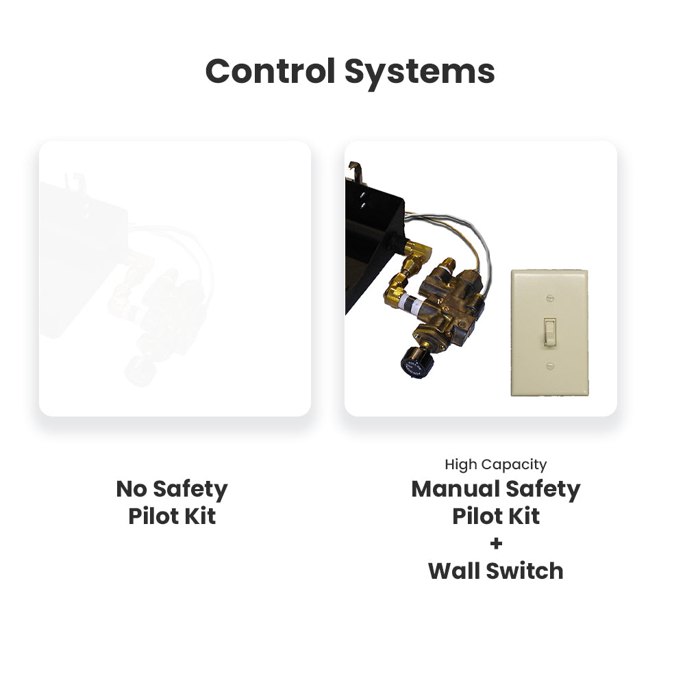 Gas log control components with brass pilot assembly and wall switch