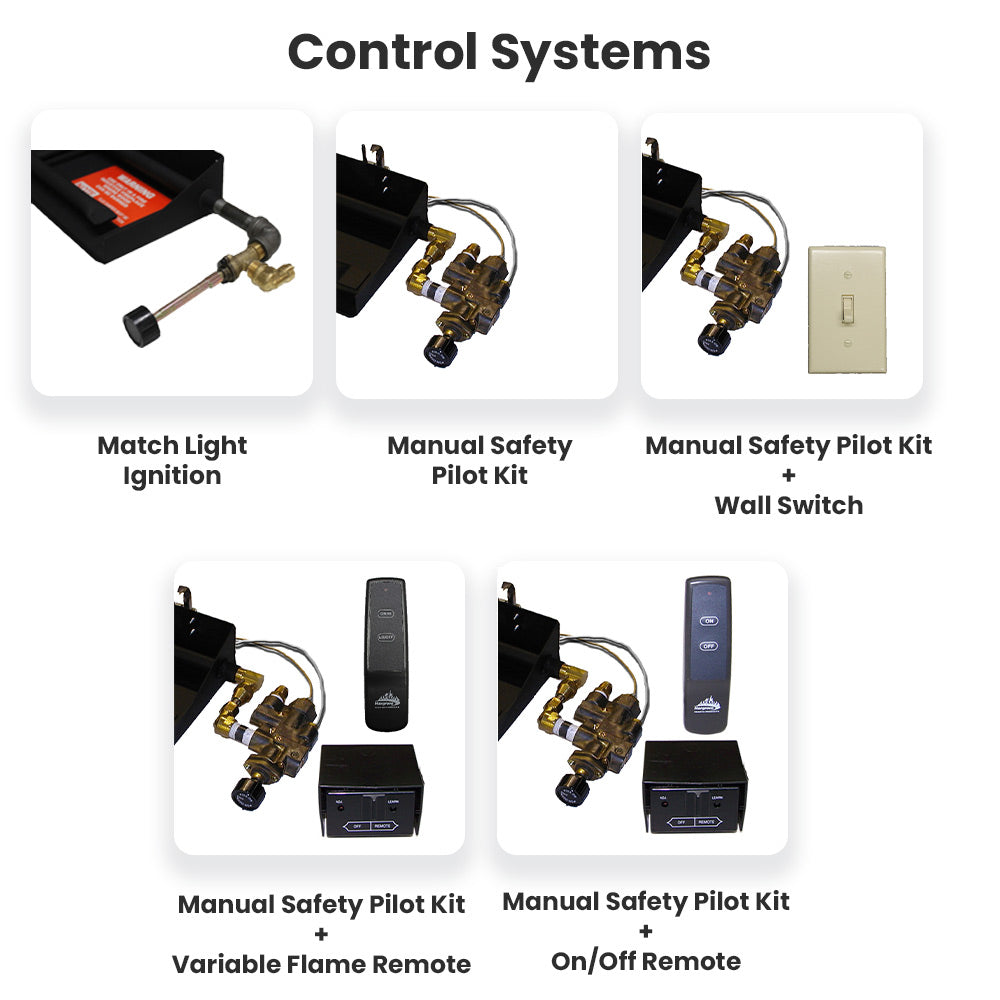 Gas log control components including safety pilot assembly and remote controls