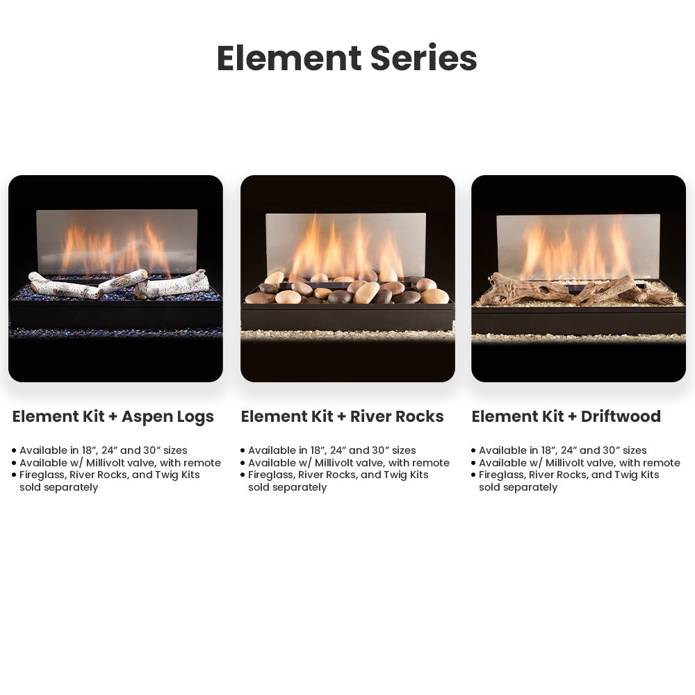 Element series kit options with logs, river rocks, or driftwood on burner