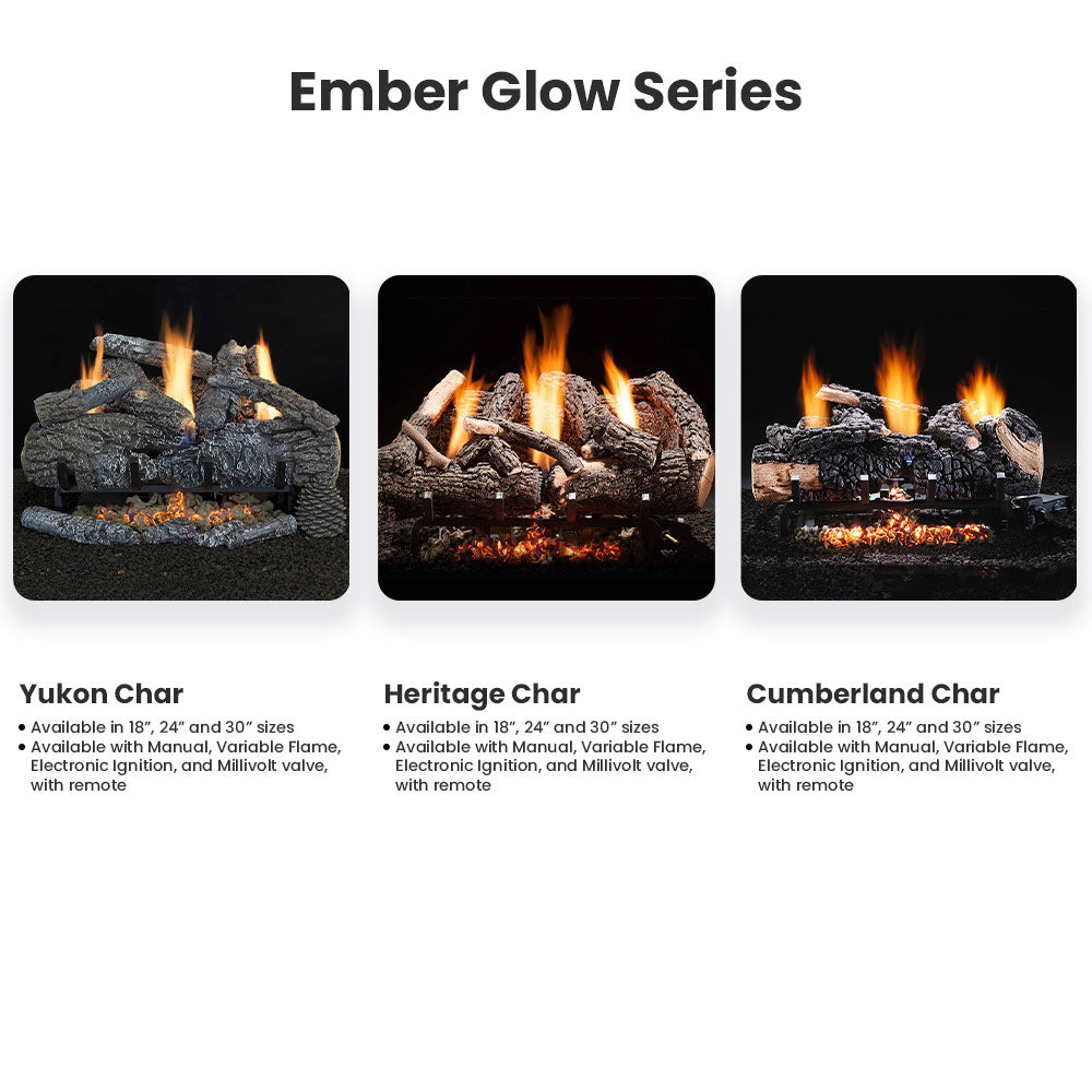 Vent-free gas log set with ember glow and multiple flame rows on charred logs