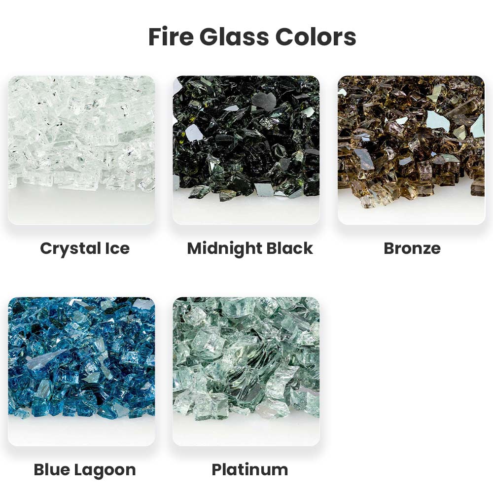 Fire glass color sample cards: Crystal Ice, Midnight Black, Bronze, Blue Lagoon, Platinum