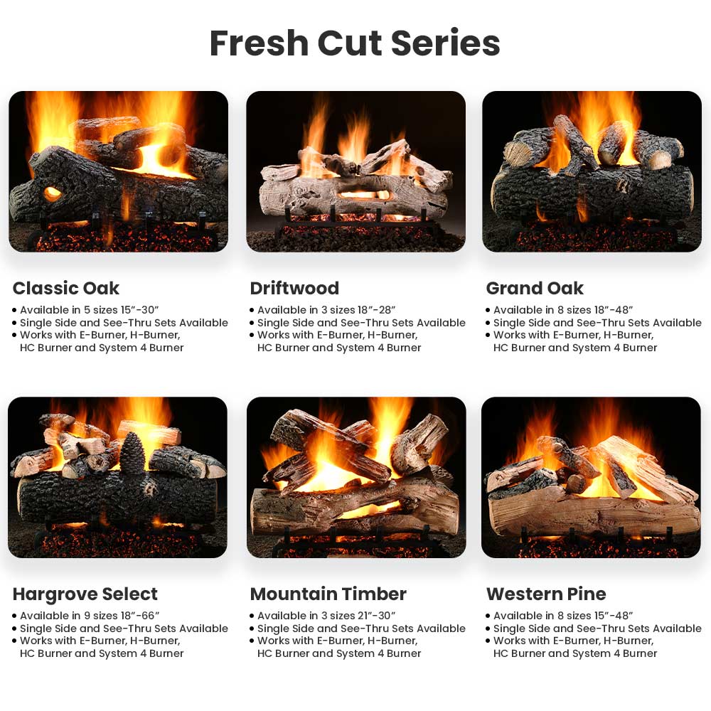 Gas log set style lineup showing burning logs in different wood finishes