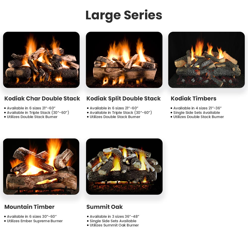 Gas log set thumbnail lineup showing different burner and flame styles