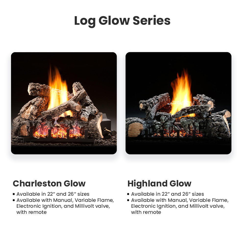 Gas log glow series with two views of stacked logs and bright orange flames