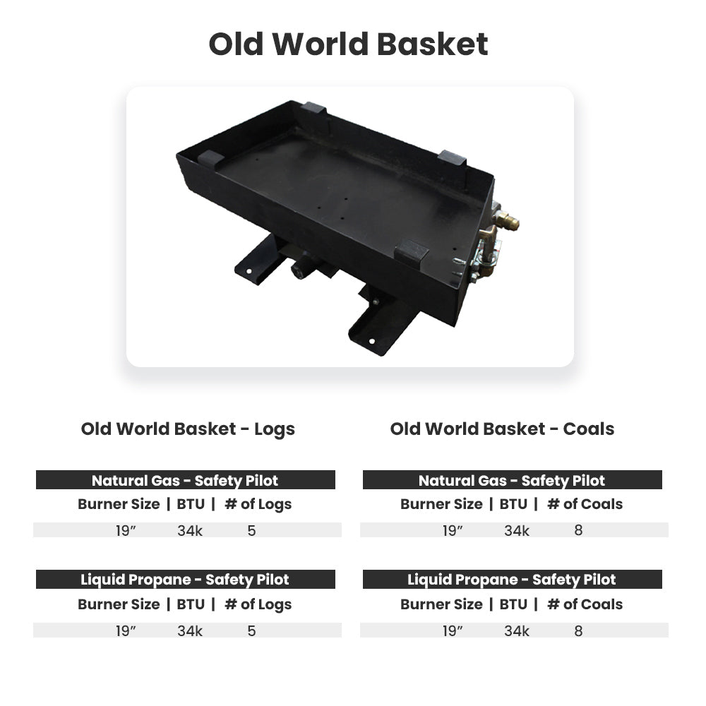 Black gas log burner tray base with side mounting brackets and safety pilot port