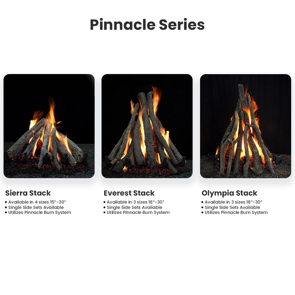 Gas log set stack shown with vented flames in three product views