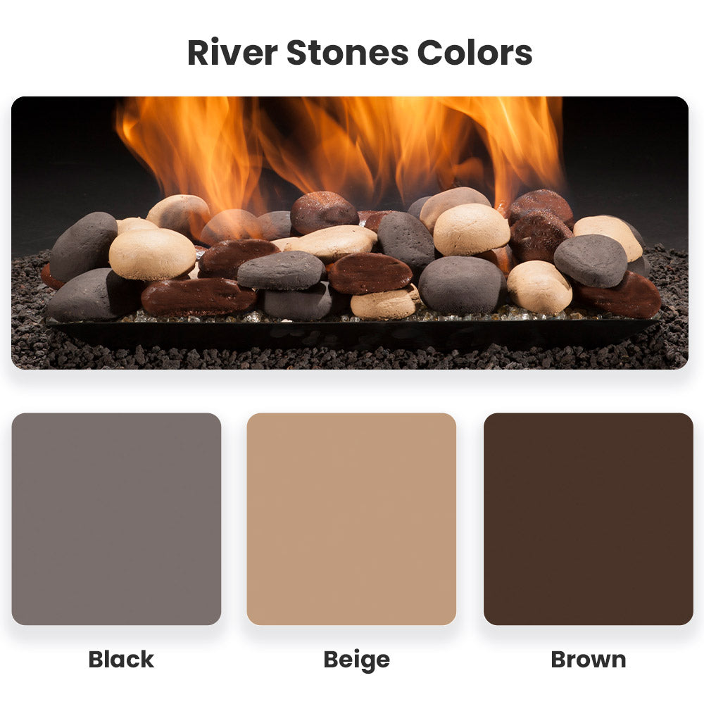 River stones set with black, beige, and brown color options