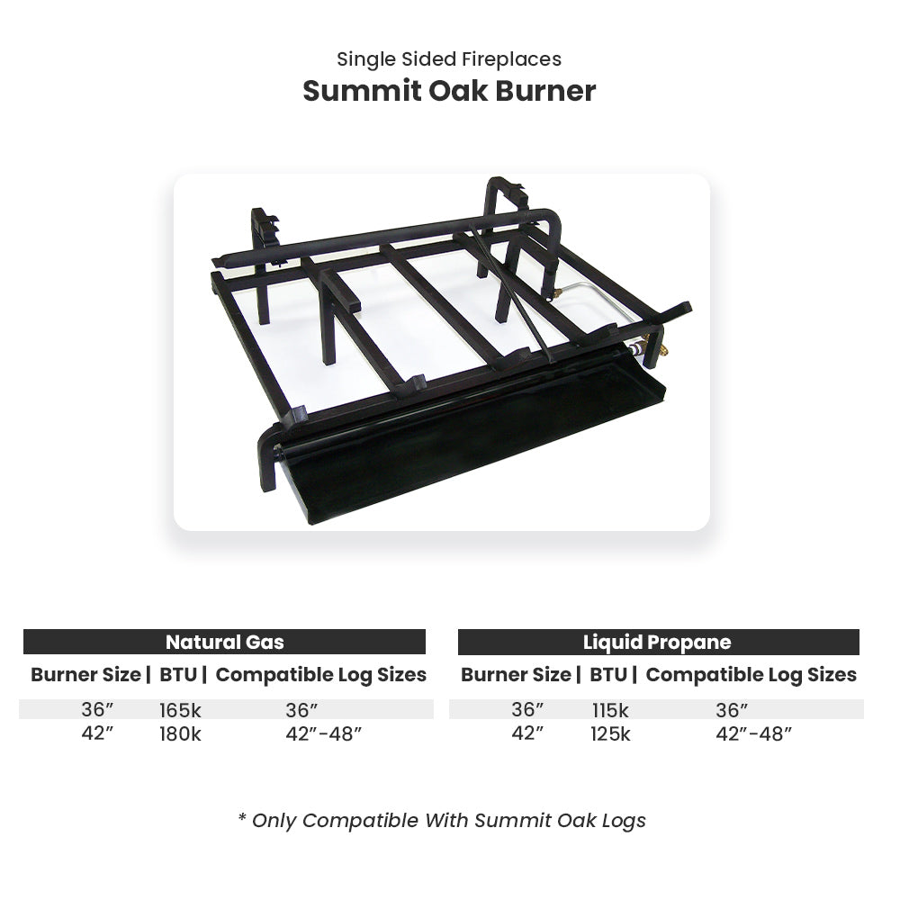Single-sided oak burner grate for gas log set with black metal frame