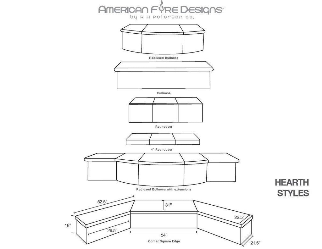 Petite outdoor gas fireplace hearth styles diagram with stacked base layers and dimensions