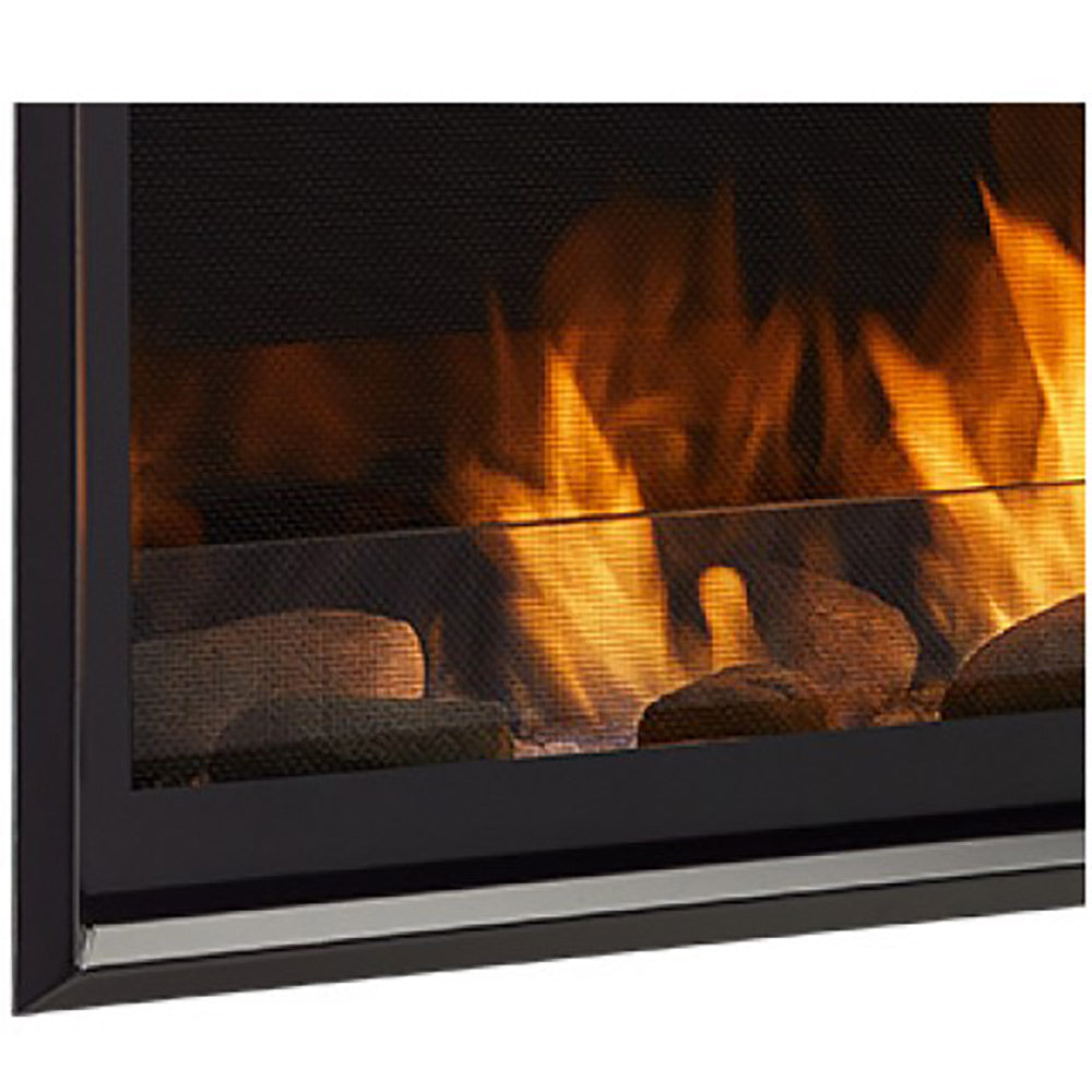 Black trim kit with glass fireplace view, flames visible