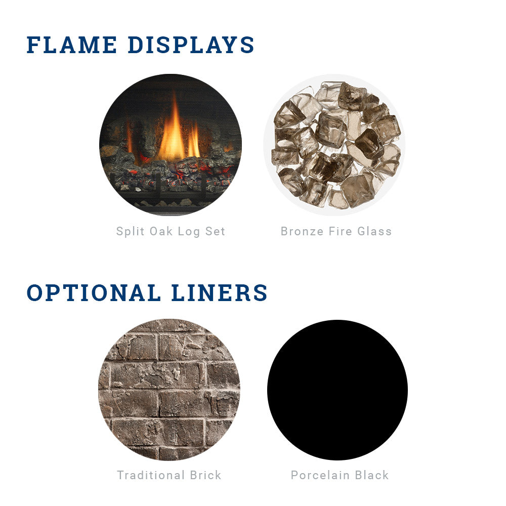 Flame displays and optional liners options chart with log and glass samples