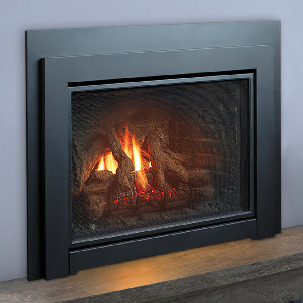 Gas fireplace insert with black frame and glass front, lit logs and embers