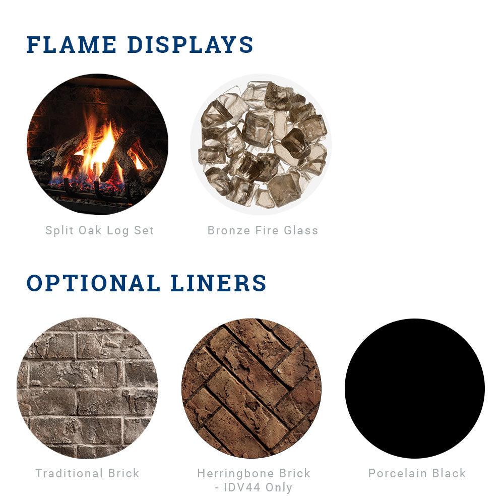 Graphic showing flame displays and optional liners for the gas fireplace insert