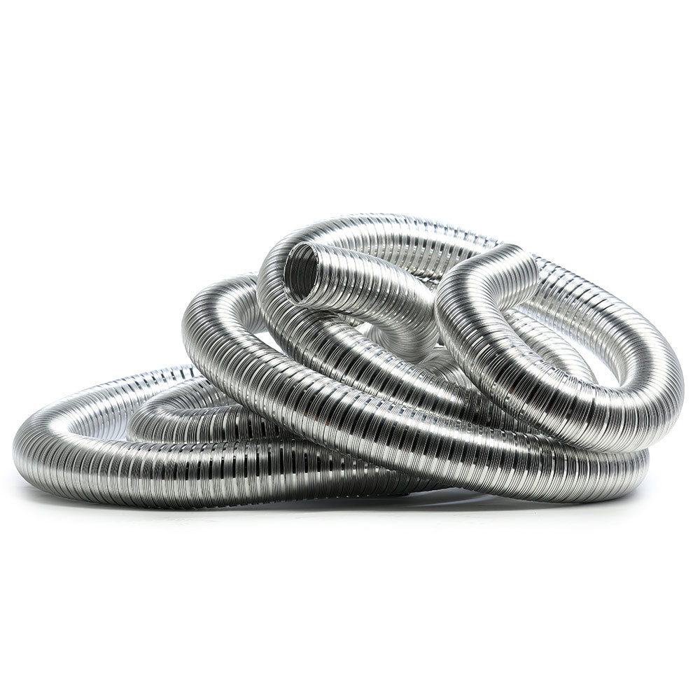 Kingsman flexible stove pipe kit with silver coiled metal vent sections, 2x3-inch