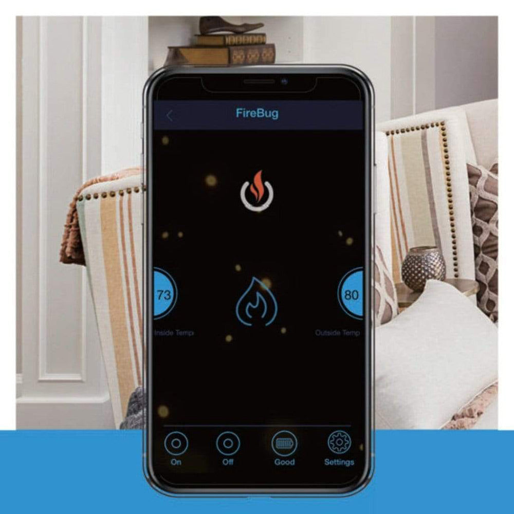 FireBug Bluetooth control app on smartphone screen with temperature and settings icons