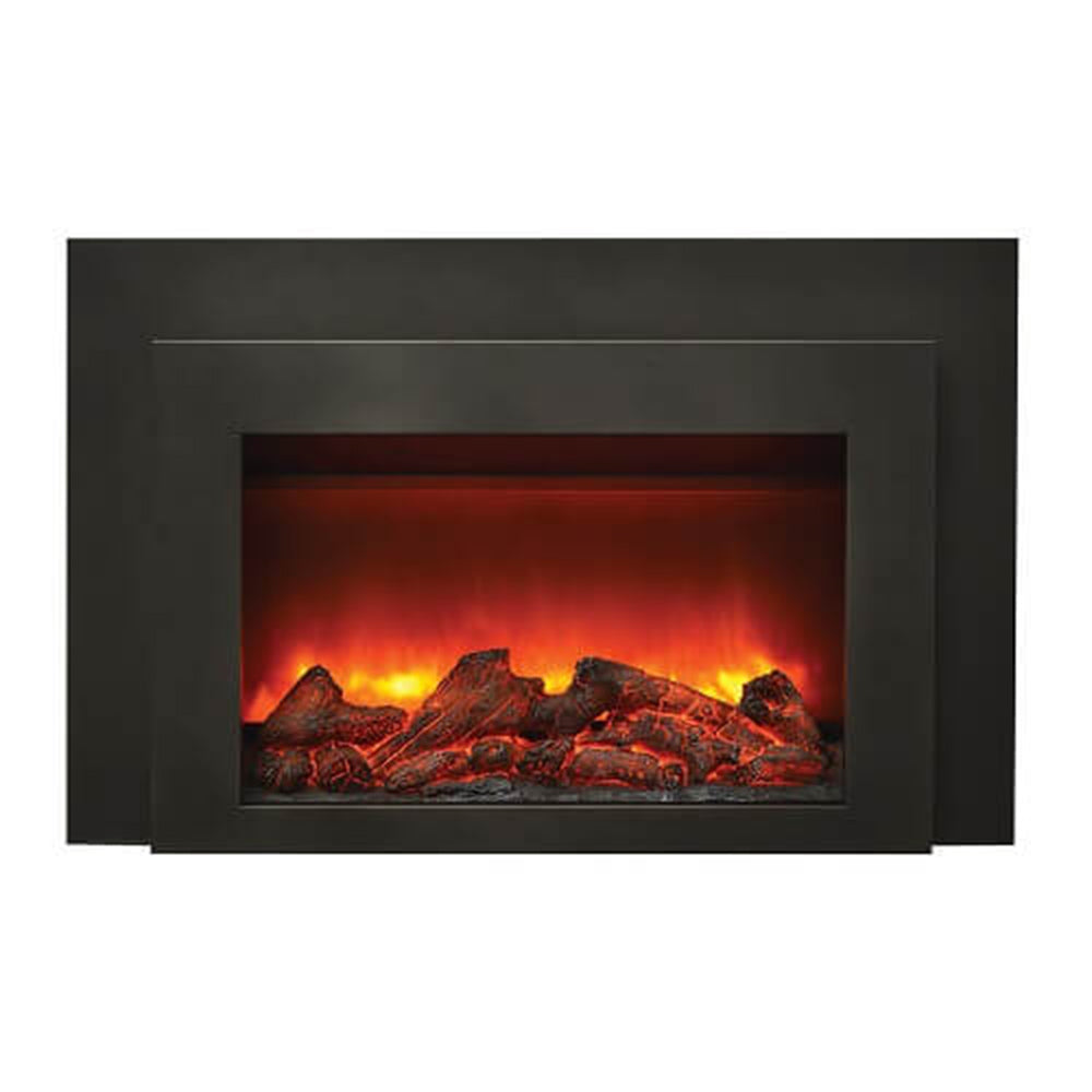 Electric fireplace insert with black steel surround and inset flame display