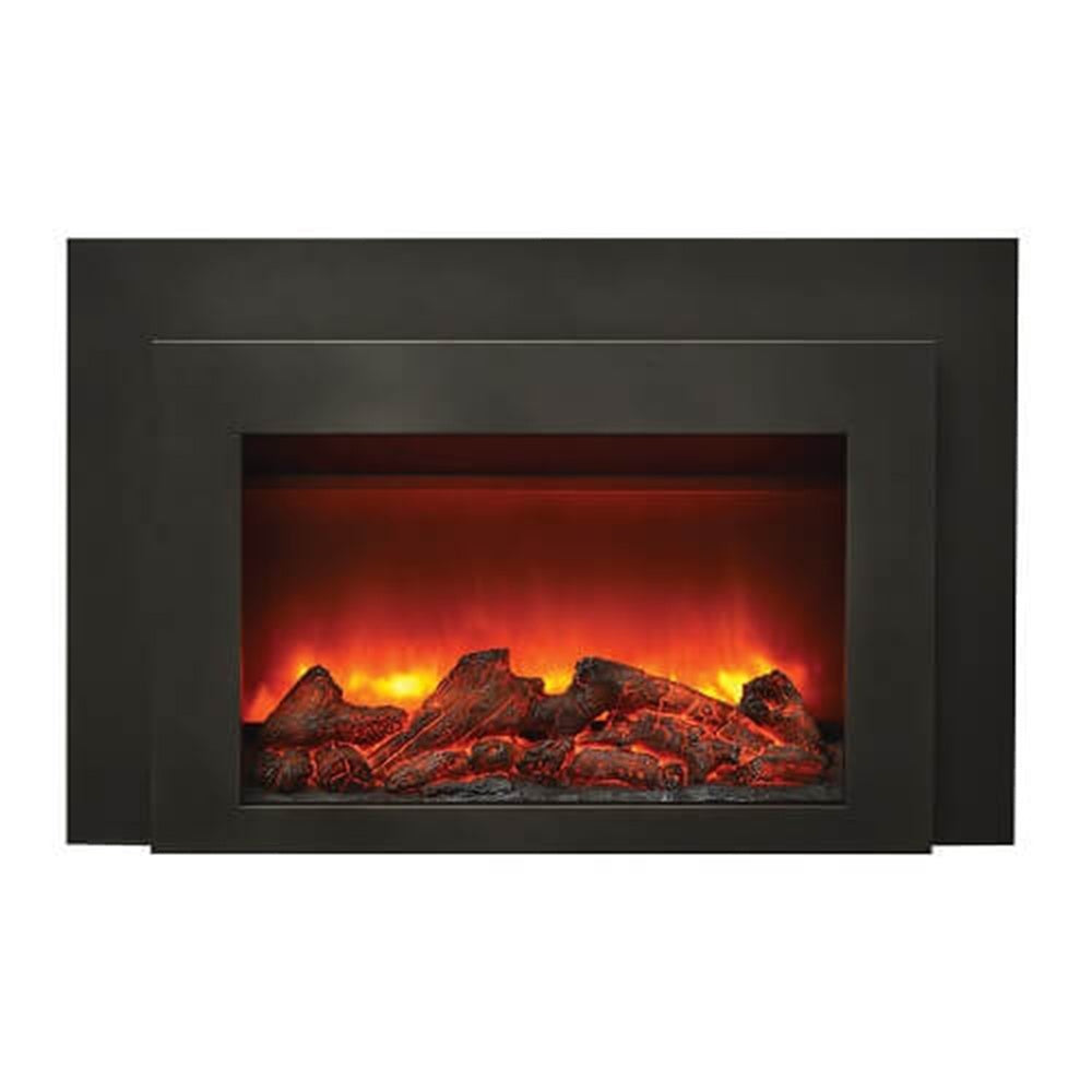 Black electric fireplace insert with red glowing flame behind glass