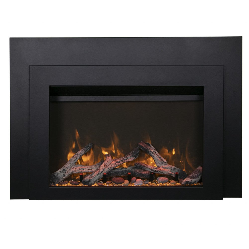 Black electric fireplace insert with orange flames and glowing logs behind glass