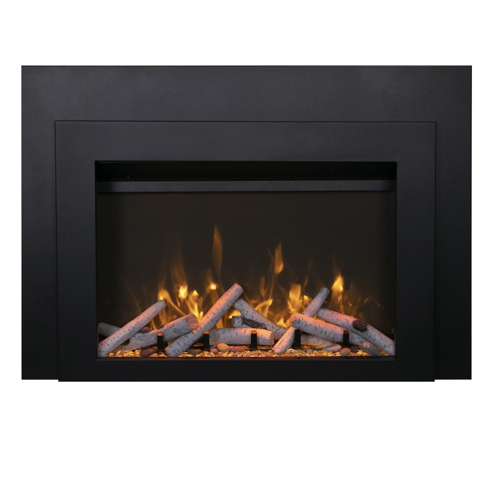 Black electric fireplace insert with bright orange flames and logs behind glass