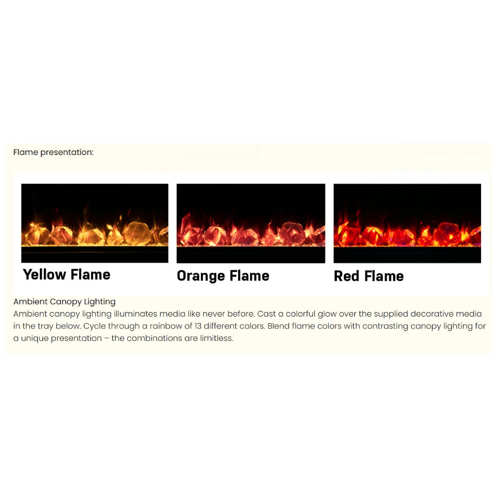 Electric fireplace flame color options showing yellow, orange, and red flame