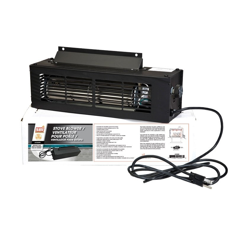 Black wood stove blower unit with vented front grille and power cord