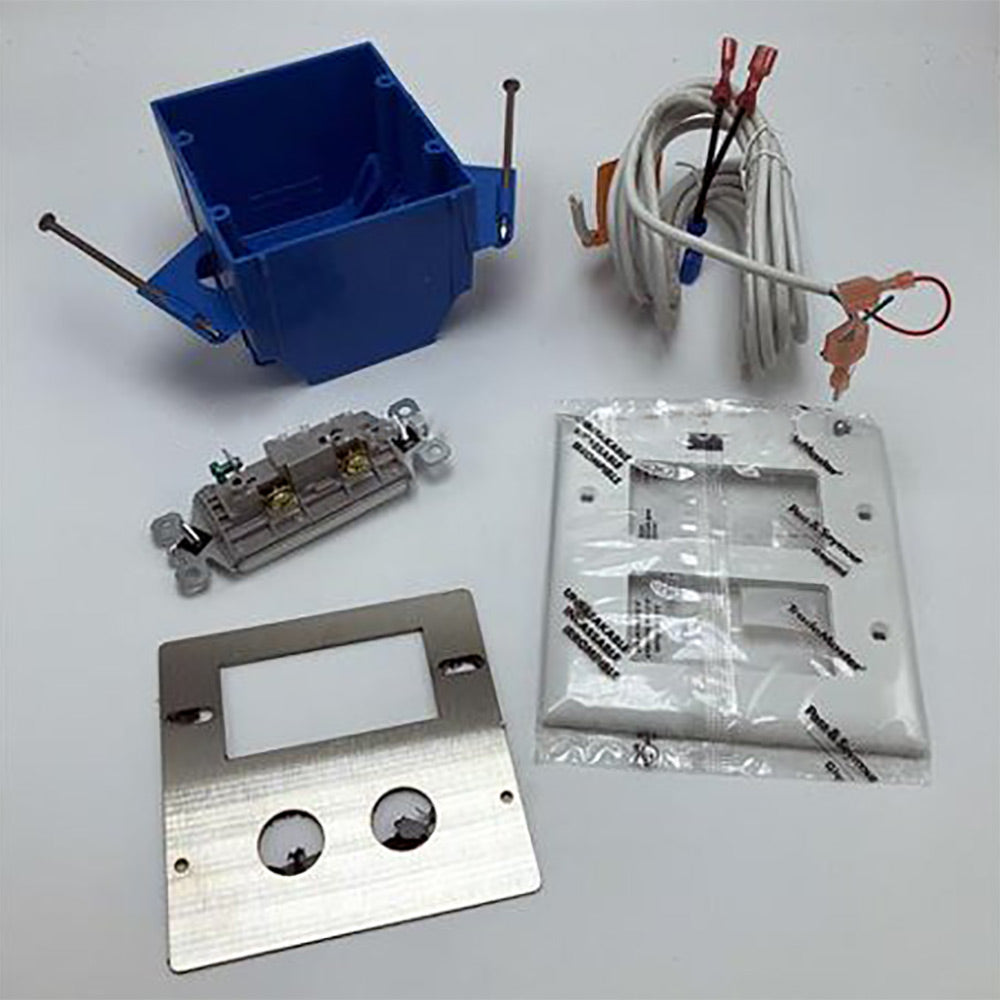 Wall switch extension kit components with LED module and wiring harness, mounting plate
