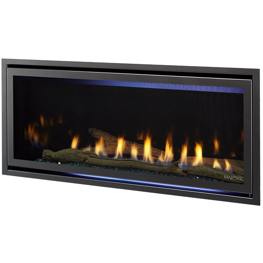 Direct vent gas fireplace with dark metal frame and burning flames