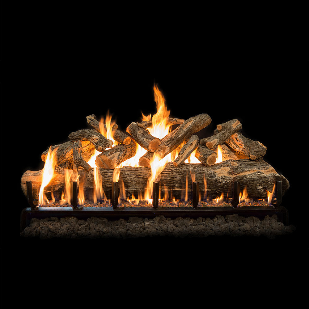 Weathered oak-style gas logs with glowing flames