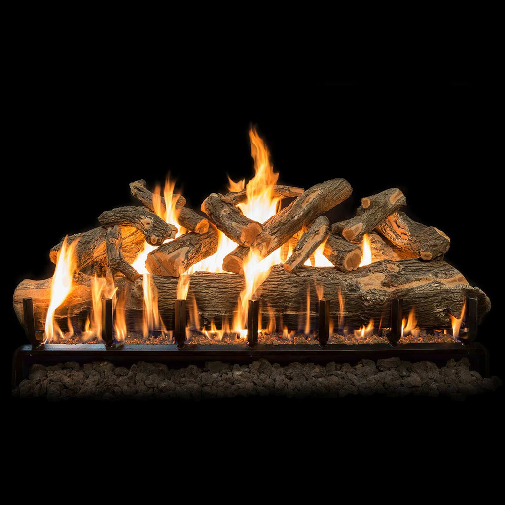 Vented gas log set with weathered oak logs and visible flames