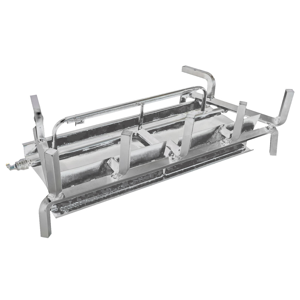 Stainless steel gas log burner assembly with metal supports and igniter ports