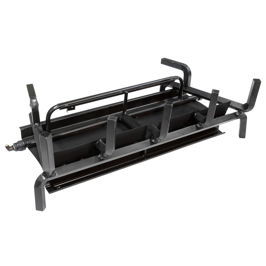 Black metal gas log burner grate with vented bar supports
