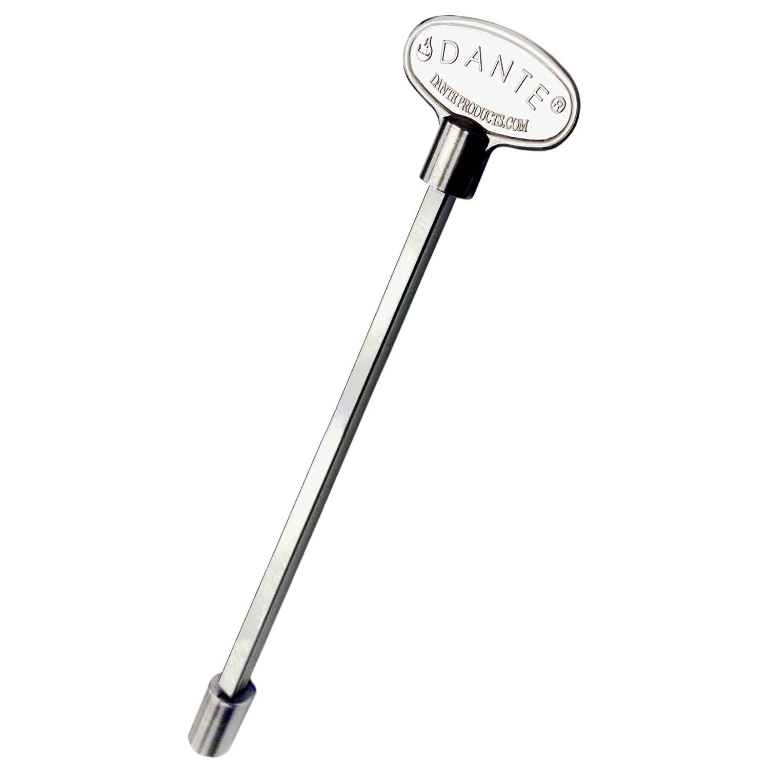 Gas valve key with long metal handle and DANTE logo end cap